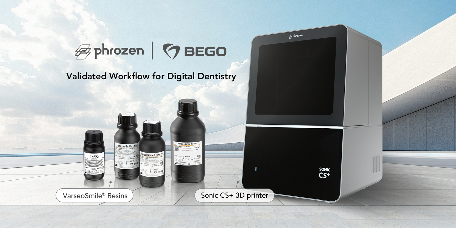 Phrozen and BEGO collaboration visual featuring BEGO VarseoSmile resins and the Phrozen Sonic CS+ dental 3D printer for validated digital dentistry workflows