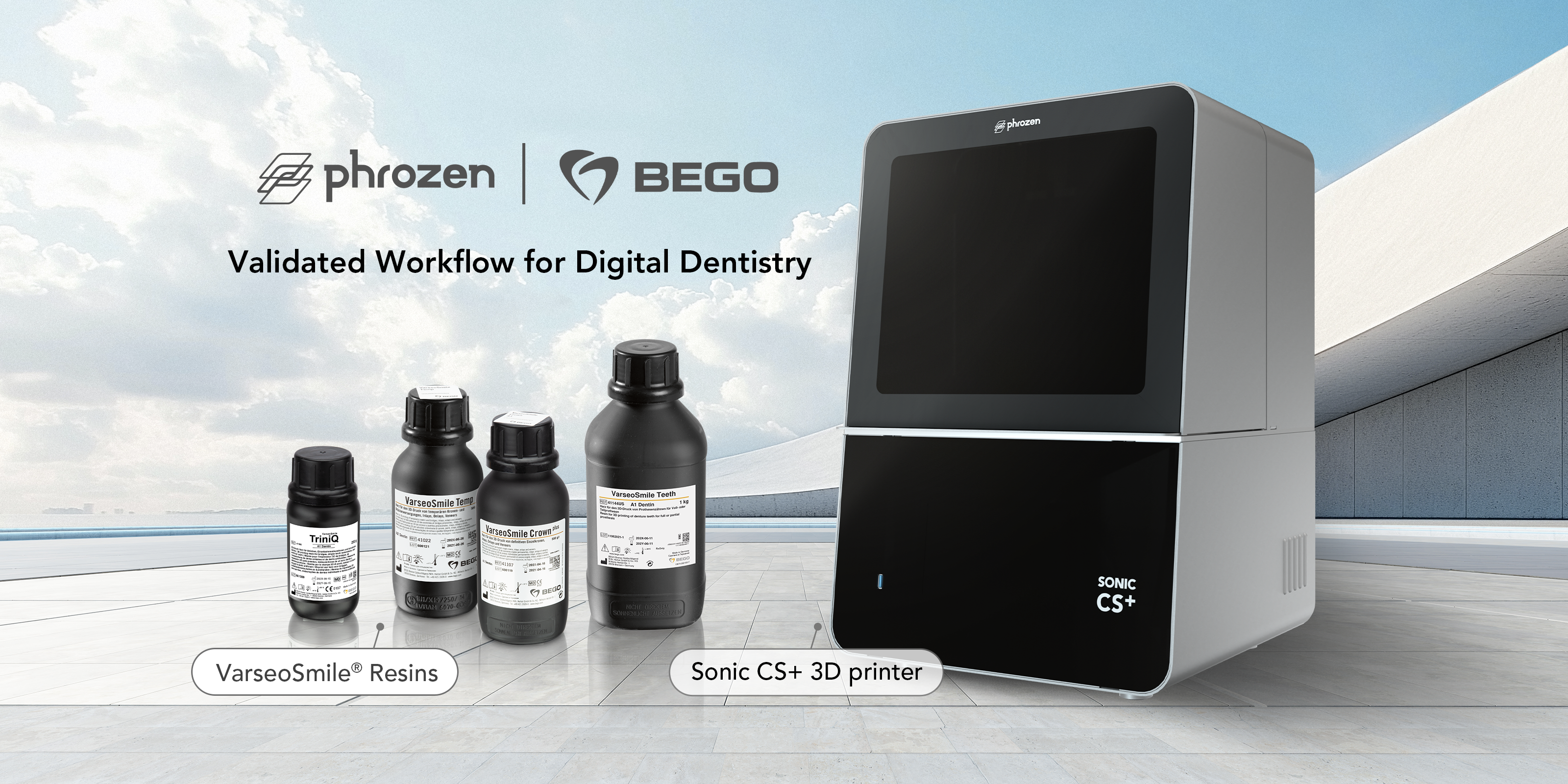Phrozen and BEGO collaboration visual featuring BEGO VarseoSmile resins and the Phrozen Sonic CS+ dental 3D printer for validated digital dentistry workflows